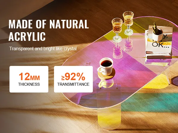 Mesa de centro acrílica VEVOR con libros y bebidas. acrílico natural, 12 mm de espesor, 92% de transmitancia.