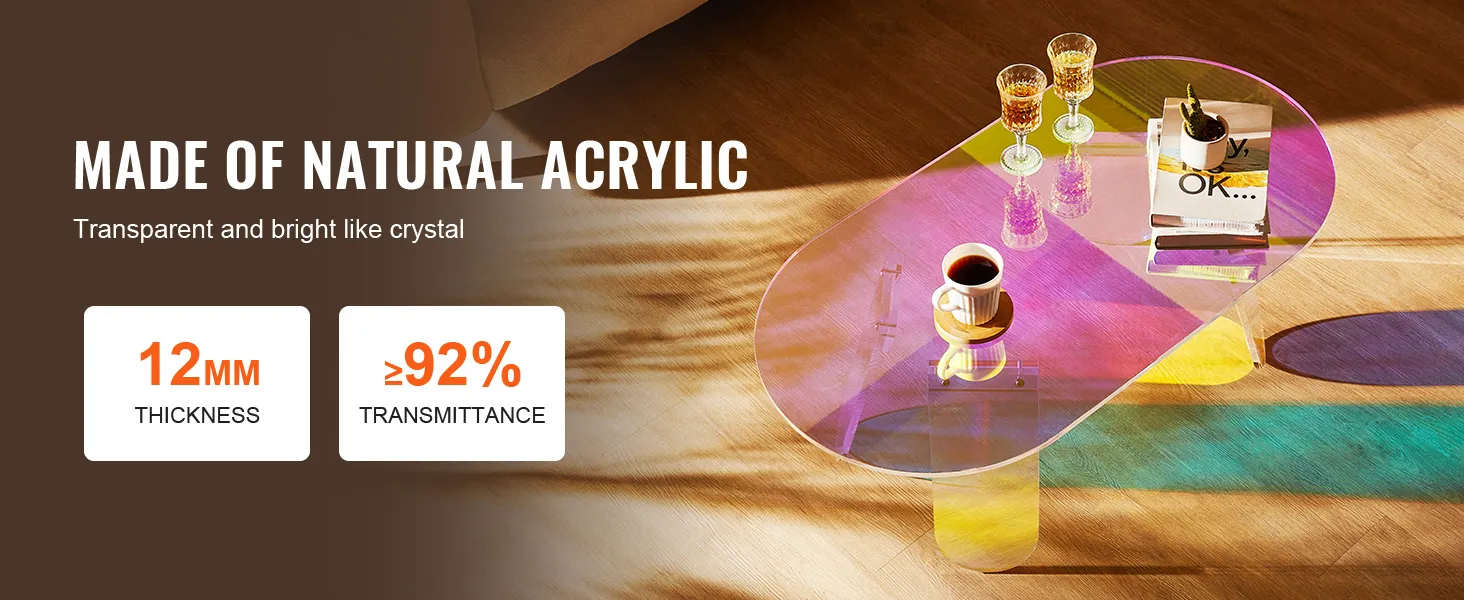 Mesa de centro acrílica VEVOR con libros y bebidas. acrílico natural, 12 mm de espesor, 92% de transmitancia.