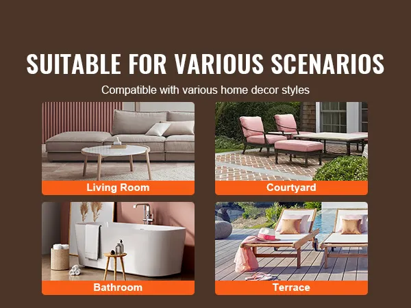 Mesa de centro acrílica VEVOR mostrada en varios entornos: sala de estar, patio, baño y terraza.