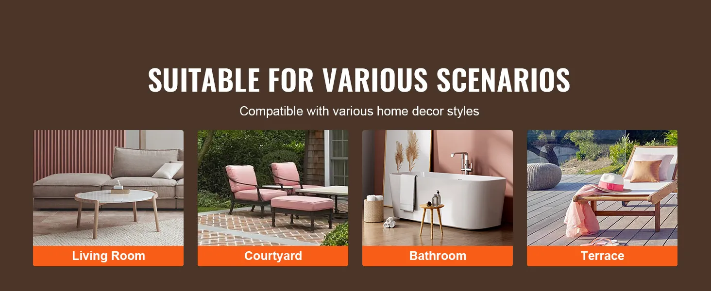 Mesa de centro acrílica VEVOR mostrada en varios entornos: sala de estar, patio, baño y terraza.