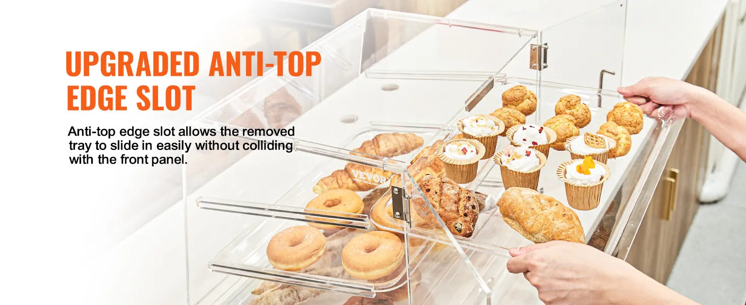 Bandeja deslizante para pasteles y magdalenas en la vitrina de pastelería VEVOR mejorada con ranura anti-borde superior.