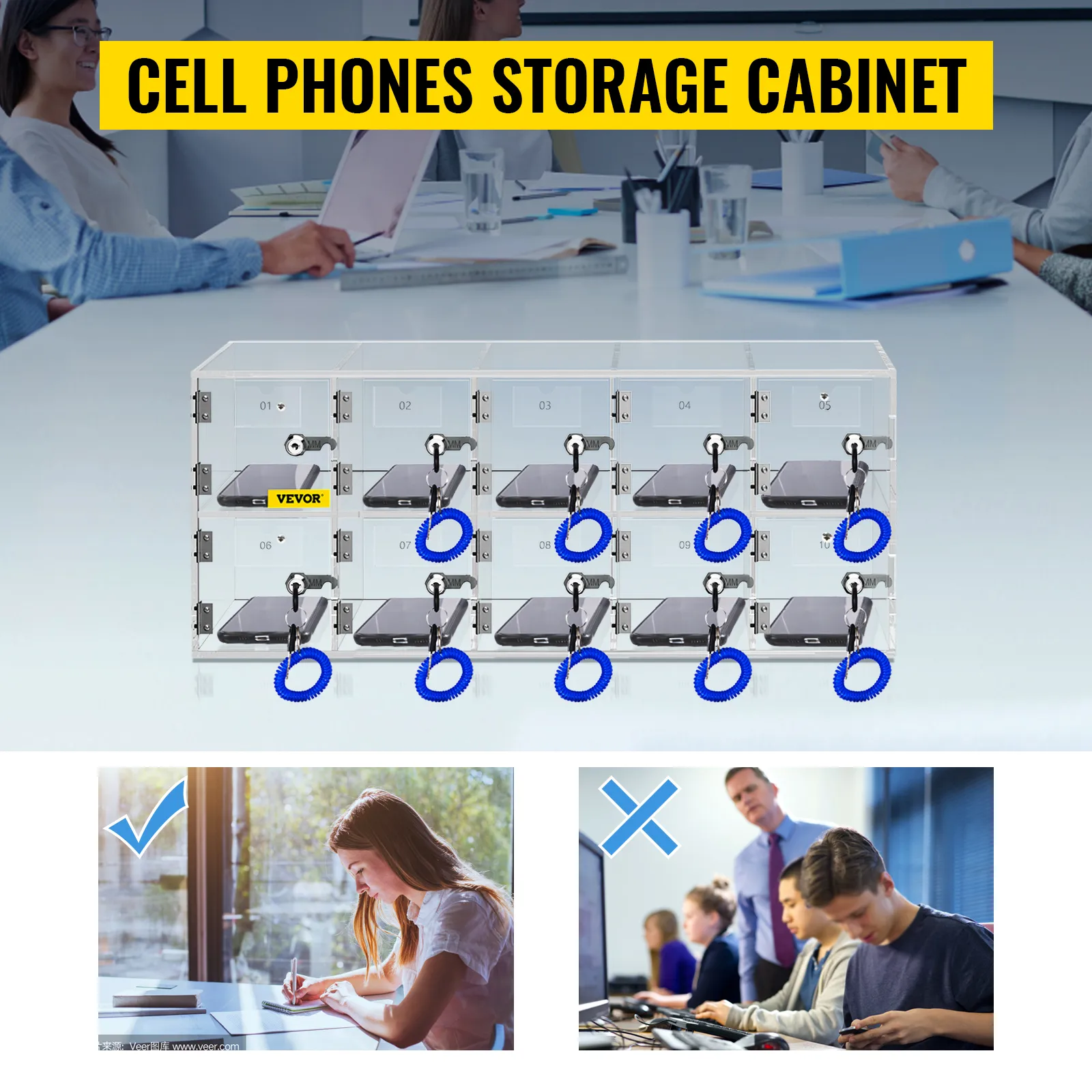 Armadietto portacellulare VEVOR utilizzato in ufficio; soluzione sicura e organizzata per riporre il telefono.