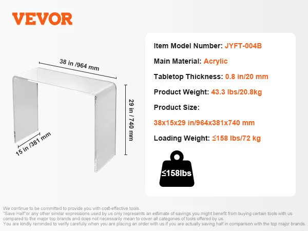 Dimensiones, peso y detalles del material de la consola de acrílico VEVOR con un logotipo VEVOR naranja.