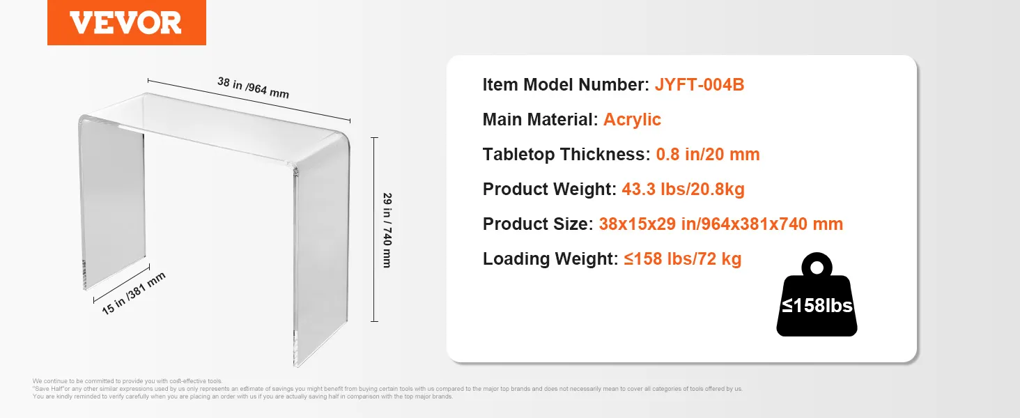 Dimensiones, peso y detalles del material de la consola de acrílico VEVOR con un logotipo VEVOR naranja.