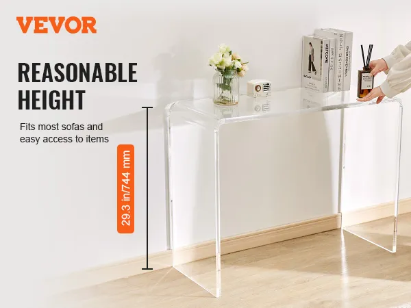 Mesa consola de acrílico VEVOR, en forma de U, 100% acrílico, 29,3 pulgadas de alto, en un entorno interior moderno.