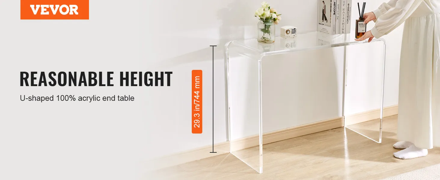 Mesa consola de acrílico VEVOR, en forma de U, 100% acrílico, 29,3 pulgadas de alto, en un entorno interior moderno.