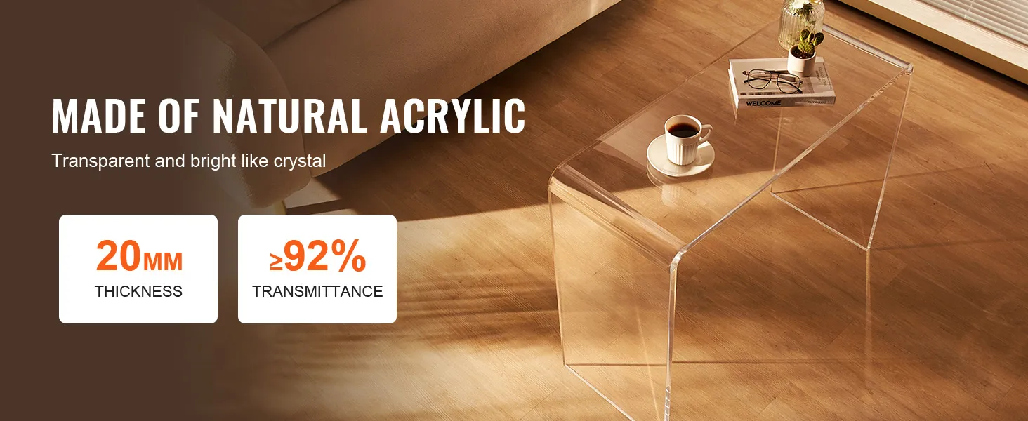 Mesa consola acrílica VEVOR con 20mm de espesor y 92% de transmitancia, transparente y brillante.