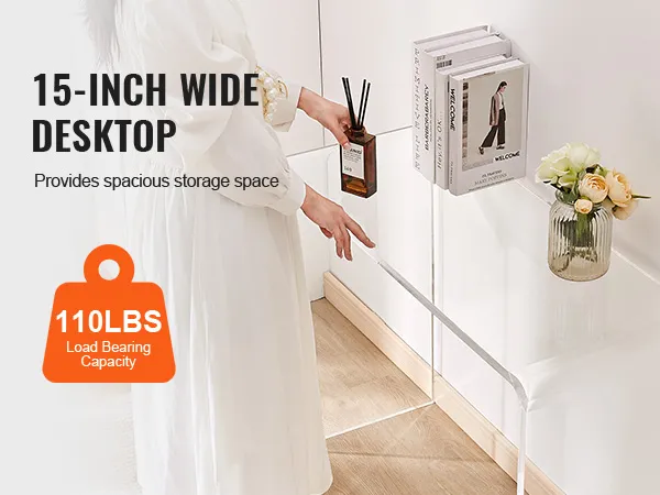 La mesa consola de acrílico VEVOR con escritorio de 15 pulgadas de ancho contiene decoración y libros, capacidad de carga de 110 libras.