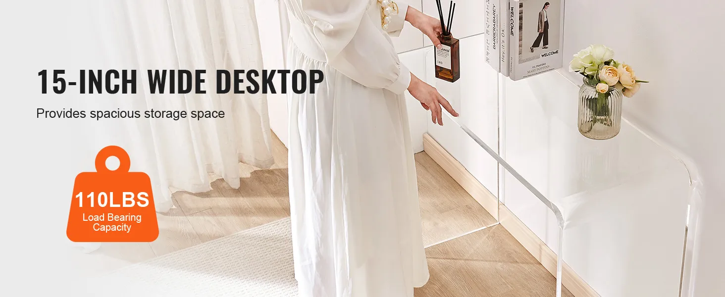 La mesa consola de acrílico VEVOR con escritorio de 15 pulgadas de ancho contiene decoración y libros, capacidad de carga de 110 libras.