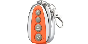 orange and silver VEVOR gate opener remote with keychain and four buttons.