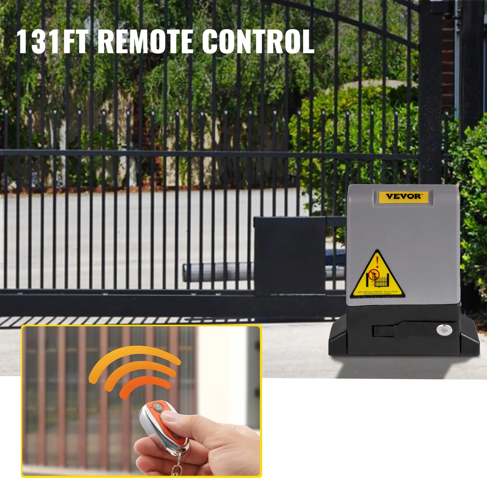 VEVOR gate opener remote with 131ft range and visible control interface.
