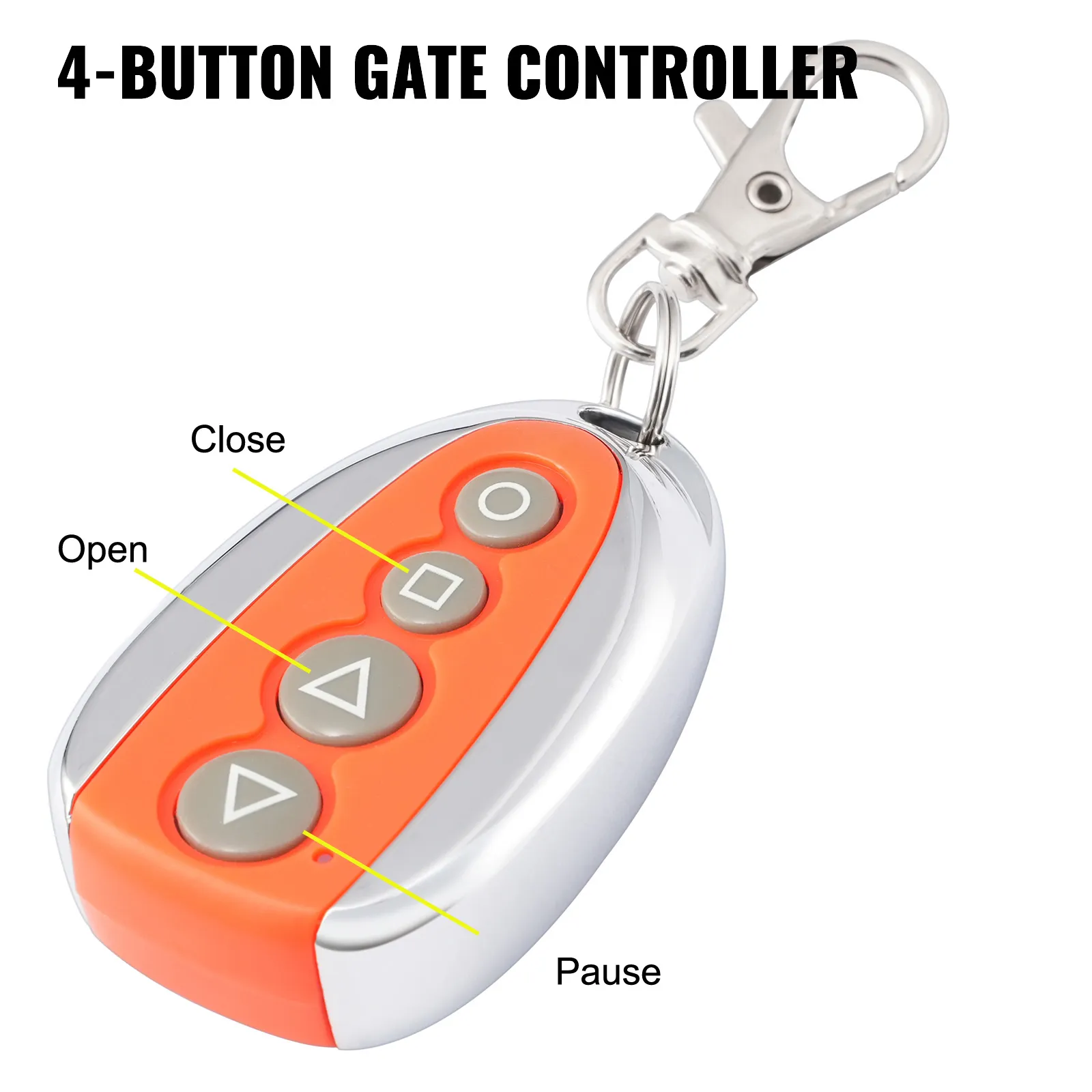 4-button VEVOR gate opener remote with open, close, and pause buttons in detail.