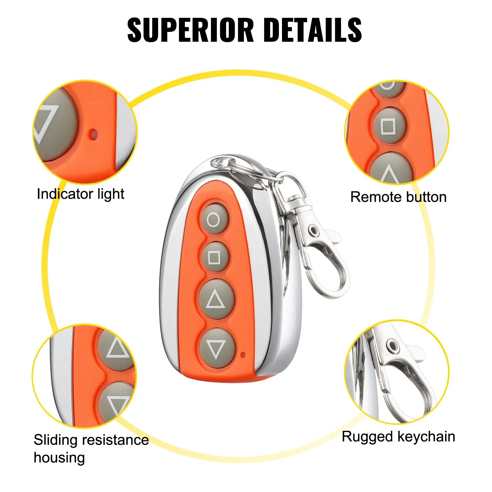 VEVOR gate opener remote with indicator light, rugged keychain, and sliding resistance housing.