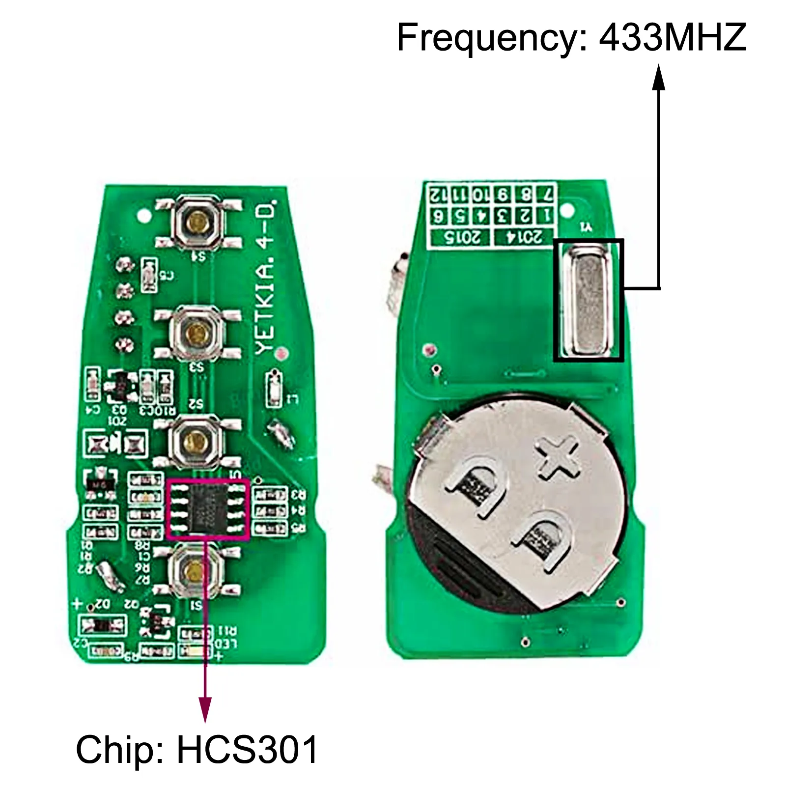 green circuit board of VEVOR gate opener remote showing hcs301 chip and 433mhz frequency.