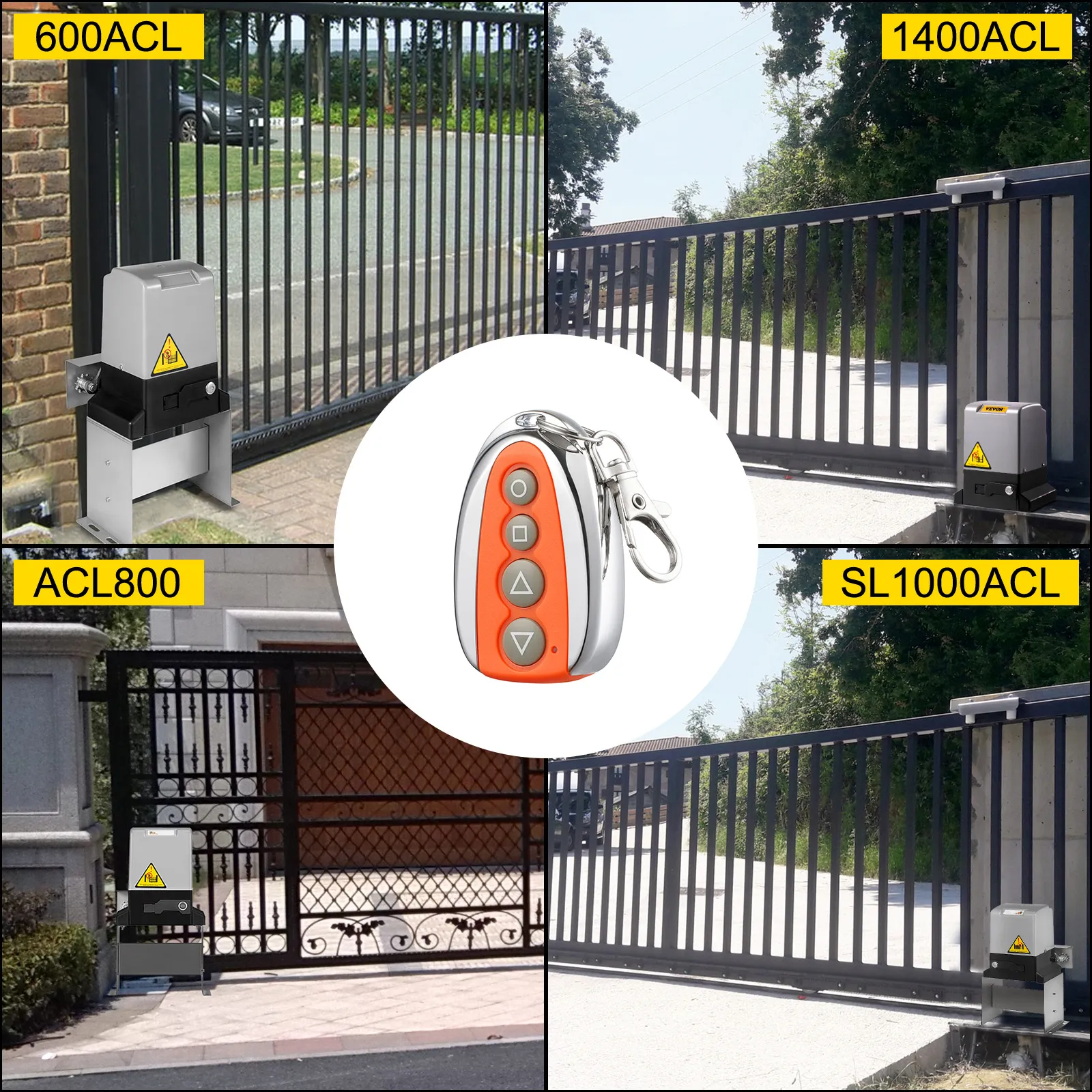 VEVOR gate opener remote shown with four different gate types and models.