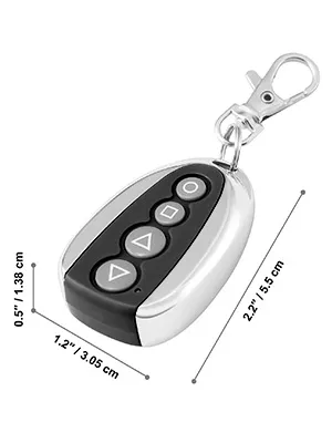 VEVOR gate remote control with keychain and labeled dimensions.