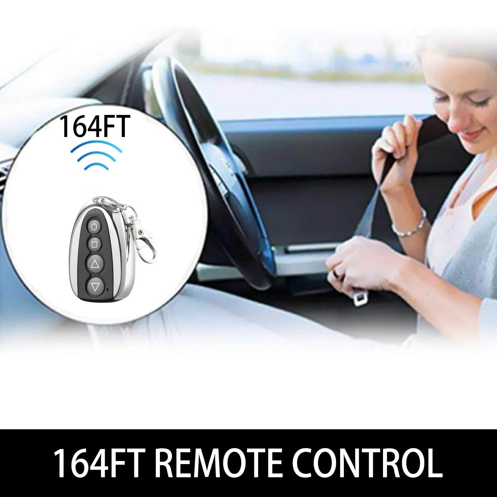 VEVOR gate remote control showcased in vehicle, labeled with 164ft range capability.