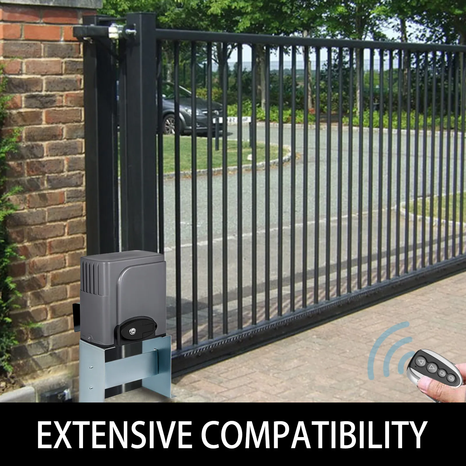 VEVOR gate remote control for black sliding gate attached to brick wall.