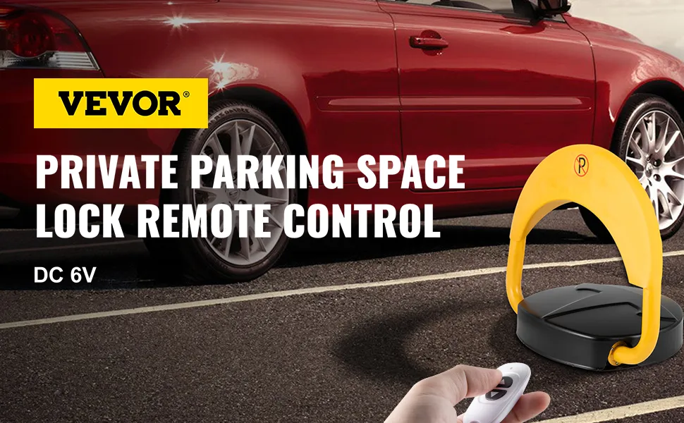 VEVOR automatic parking lock next to a red car with remote control in hand.