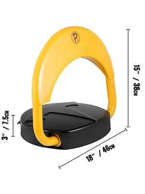 VEVOR automatic parking lock with yellow arm, black base, and dimensions displayed.