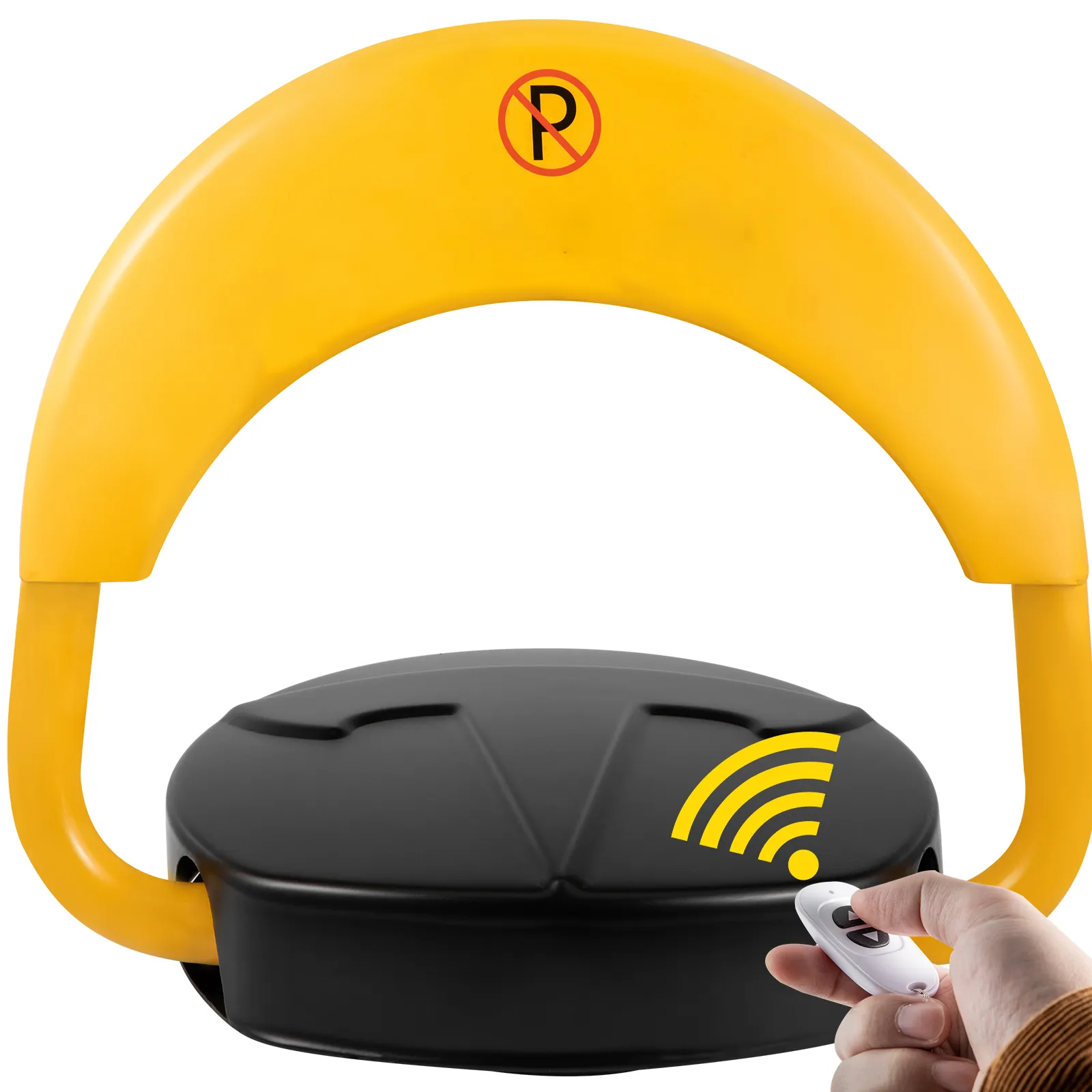 hand holding remote for VEVOR automatic parking lock, yellow barrier with no parking symbol.