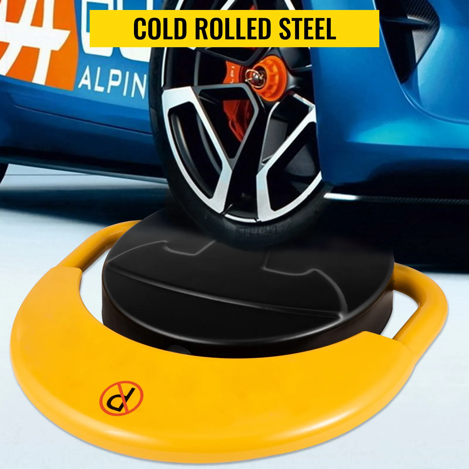 VEVOR automatic parking lock with yellow guard and wheel in close-up detail. cold rolled steel