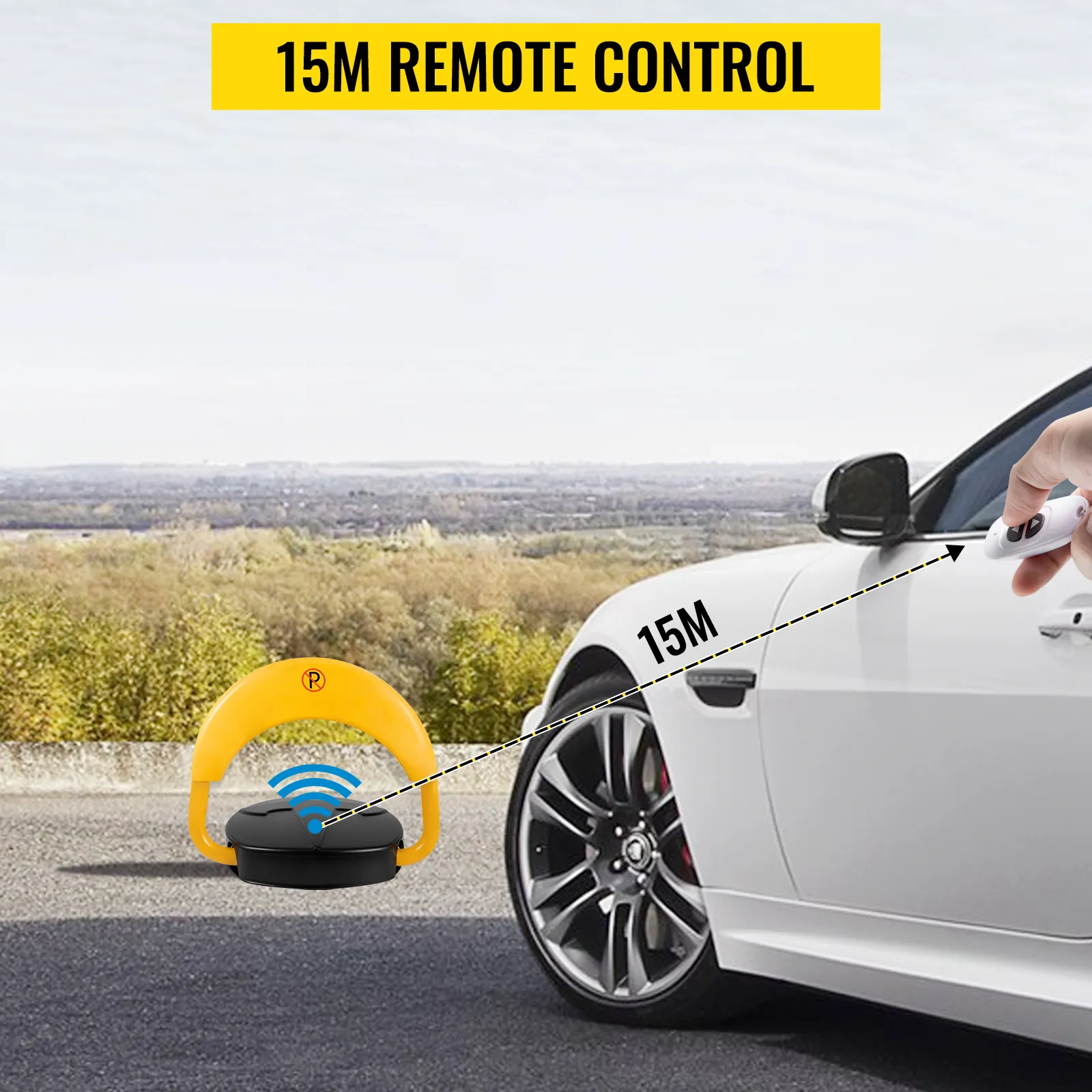 VEVOR automatic parking lock with remote control, demonstrated beside a white car at 15m.