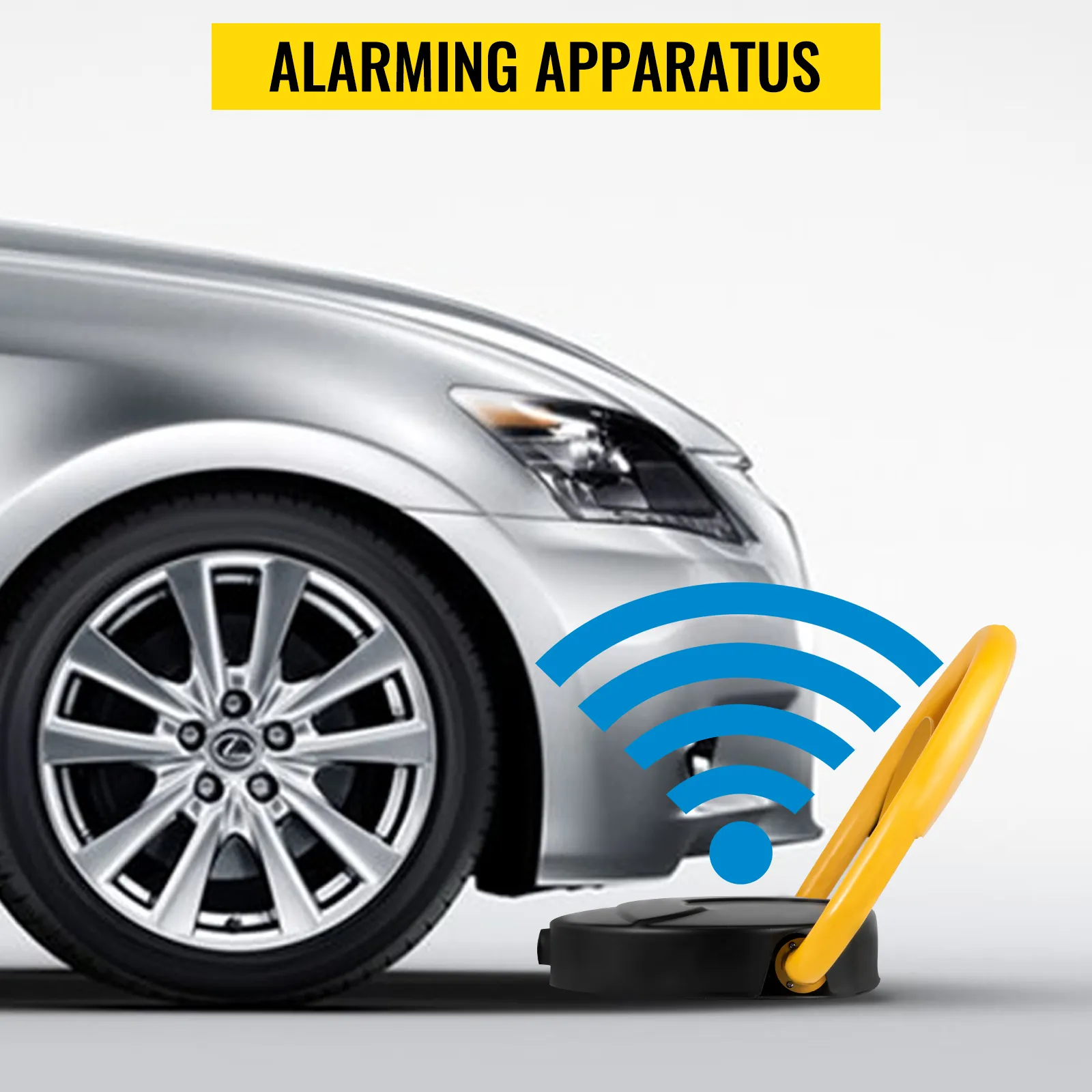 silver car near VEVOR automatic parking lock with alarm signal icon in blue.