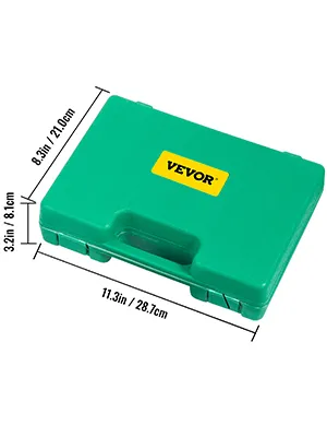 Estuche de transporte verde para kit de prueba de presión hidráulica VEVOR con dimensiones.