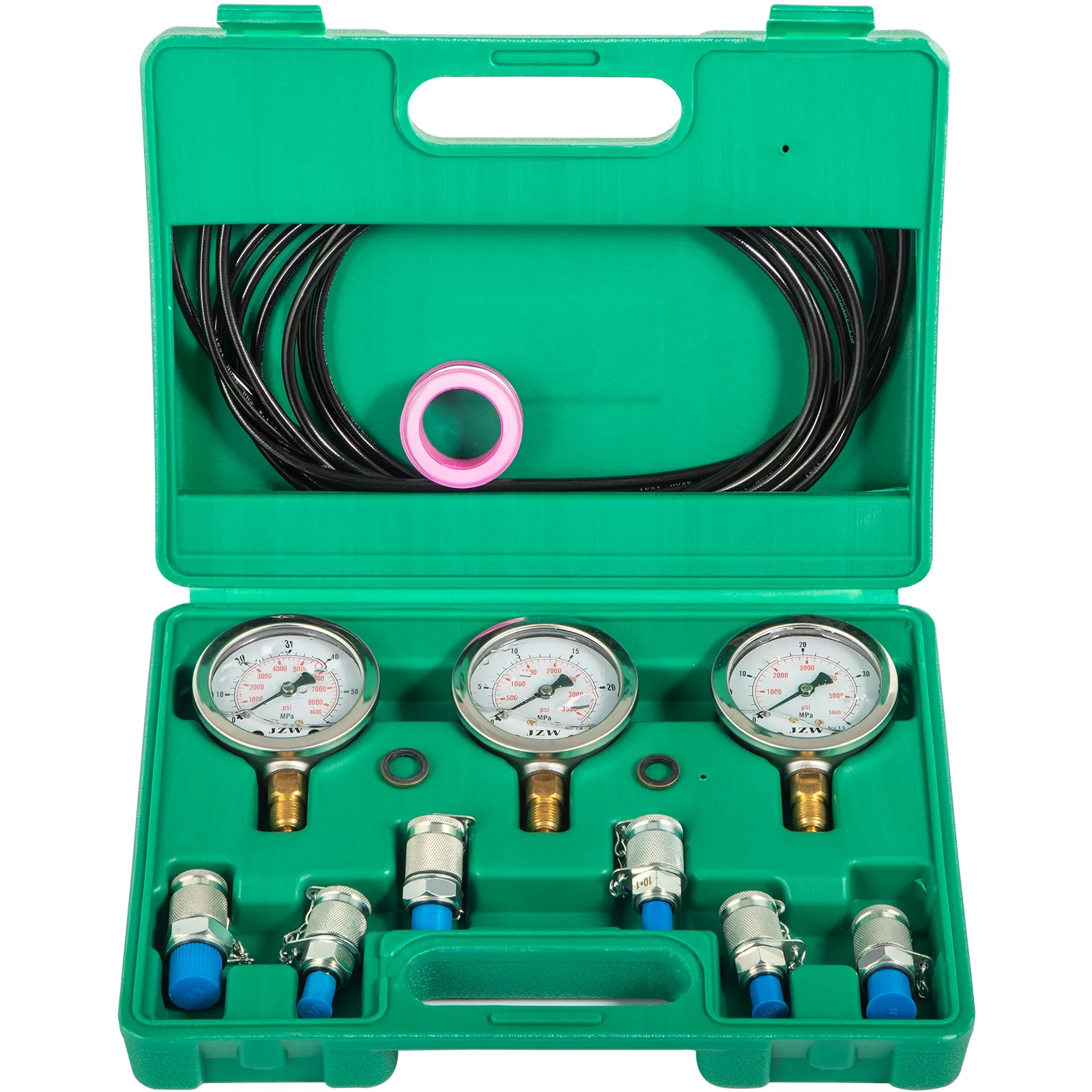Estuche de transporte verde que contiene el kit de prueba de presión hidráulica VEVOR con manómetros y mangueras.