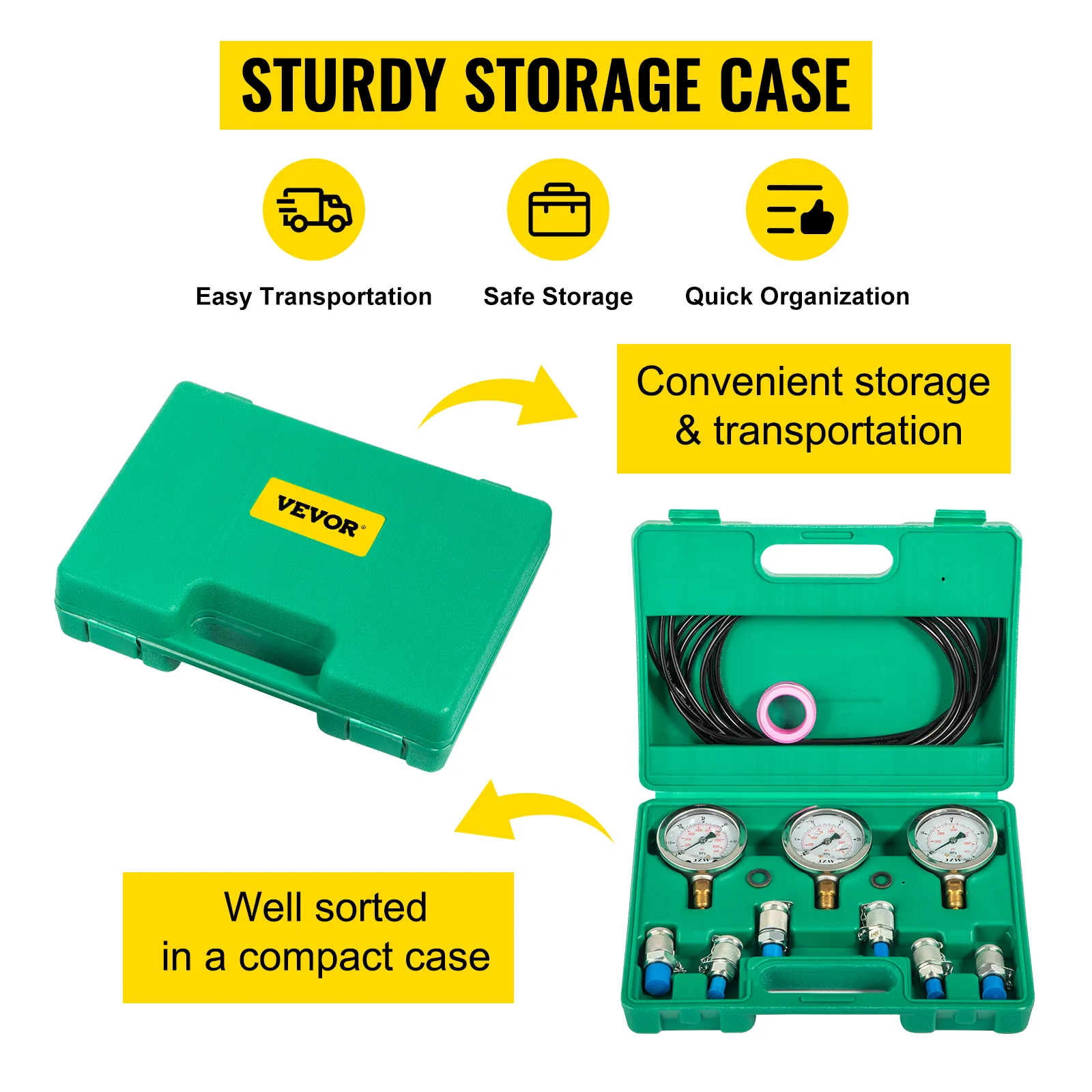 Kit de prueba de presión hidráulica VEVOR en un resistente estuche de almacenamiento verde para un fácil transporte.