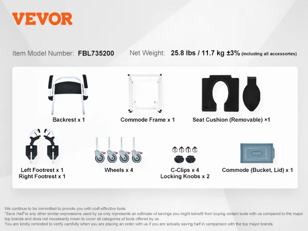 VEVOR shower commode wheelchair with adjustable height, footrests, wheels, and removable seat cushion.