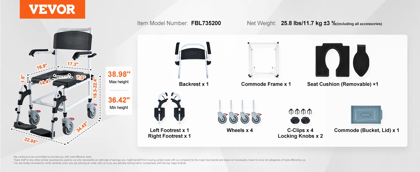 VEVOR shower commode wheelchair with adjustable height, footrests, wheels, and removable seat cushion.