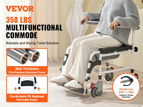 VEVOR shower commode wheelchair with pu backrest, rust-resistant aluminum frame, reinforced with c-clips.