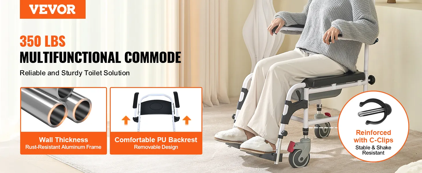 VEVOR shower commode wheelchair with pu backrest, rust-resistant aluminum frame, reinforced with c-clips.