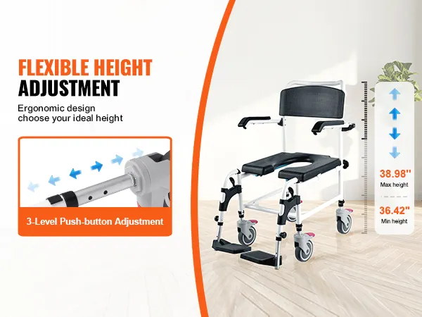 flexible height adjustment for VEVOR shower commode wheelchair with 3-level push-button mechanism.