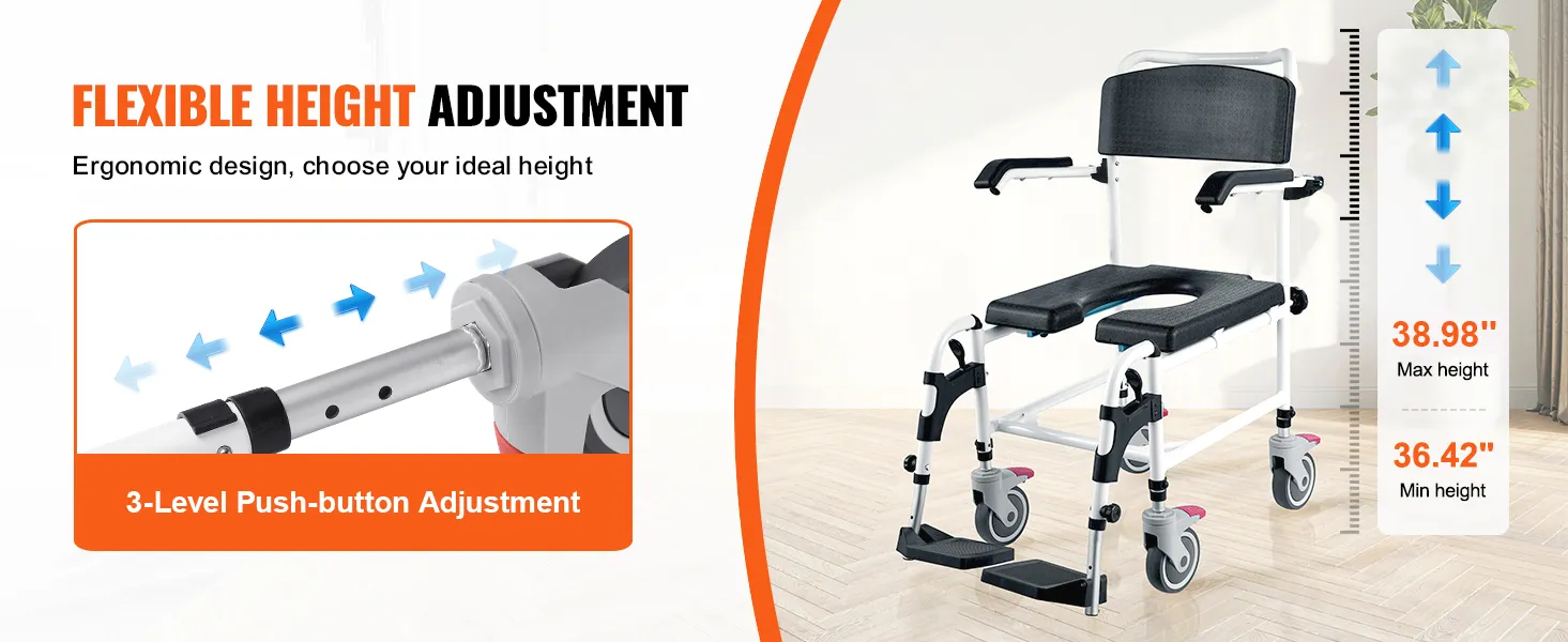 flexible height adjustment for VEVOR shower commode wheelchair with 3-level push-button mechanism.