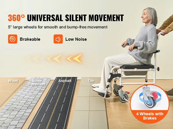 VEVOR shower commode wheelchair with 360° universal silent movement and 5" large wheels for smooth mobility.