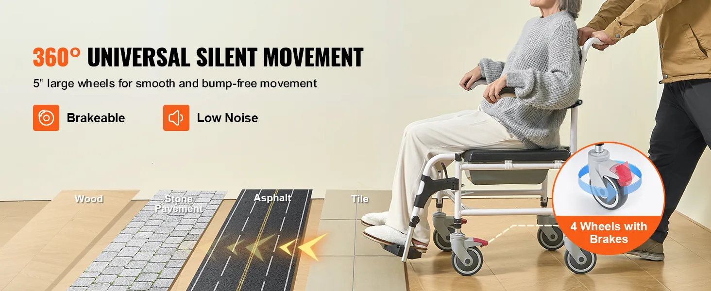 VEVOR shower commode wheelchair with 360° universal silent movement and 5" large wheels for smooth mobility.