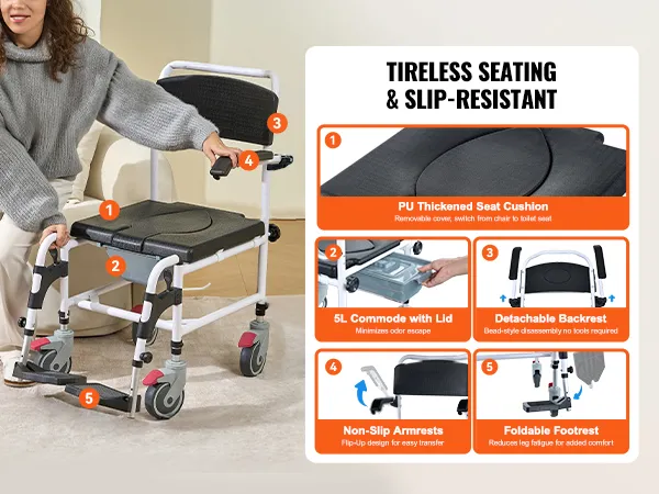 VEVOR shower commode wheelchair with pu seat cushion, foldable footrest, detachable backrest, and 5l commode.