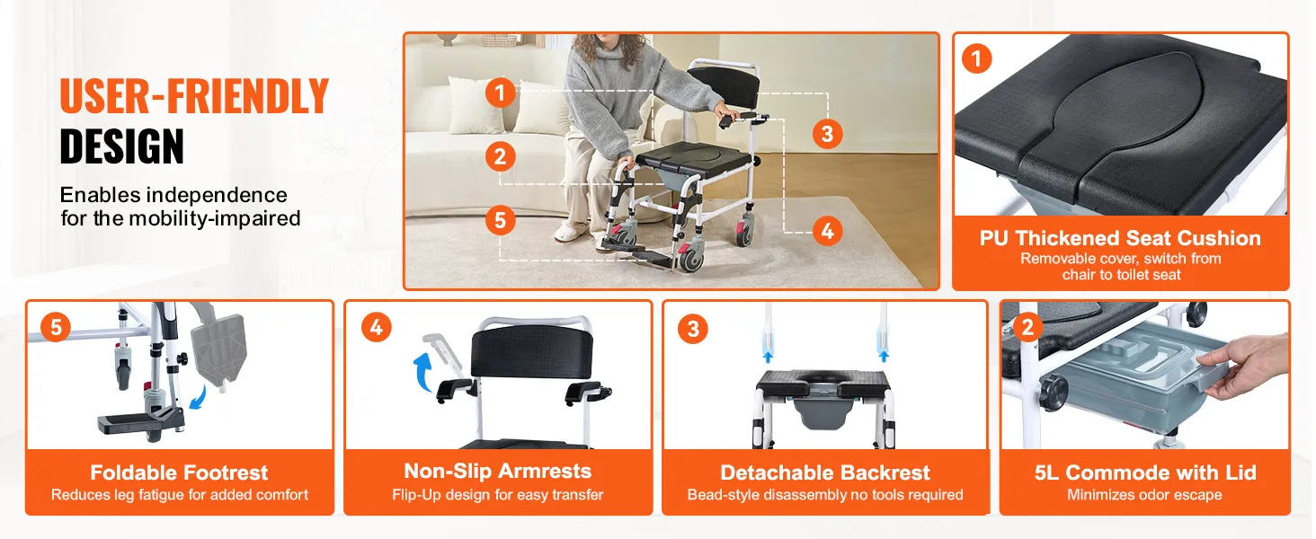 VEVOR shower commode wheelchair with pu seat cushion, foldable footrest, detachable backrest, and 5l commode.