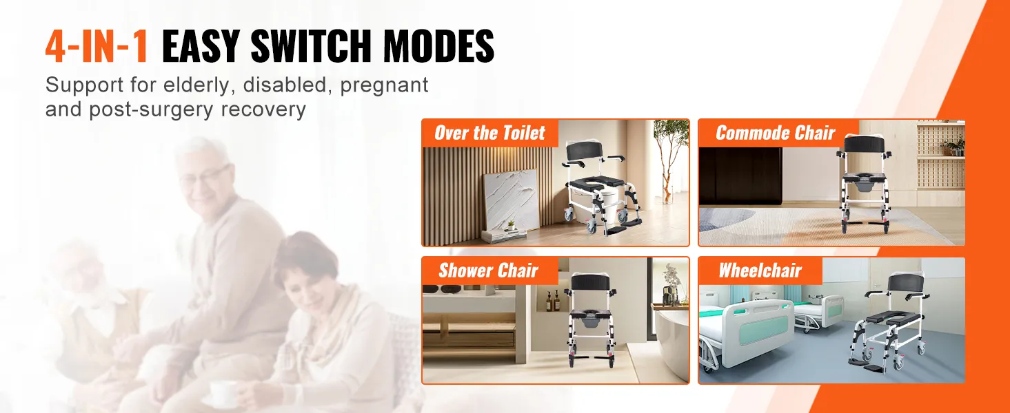4-in-1 VEVOR shower commode wheelchair for elderly, disabled, pregnant, and post-surgery recovery.