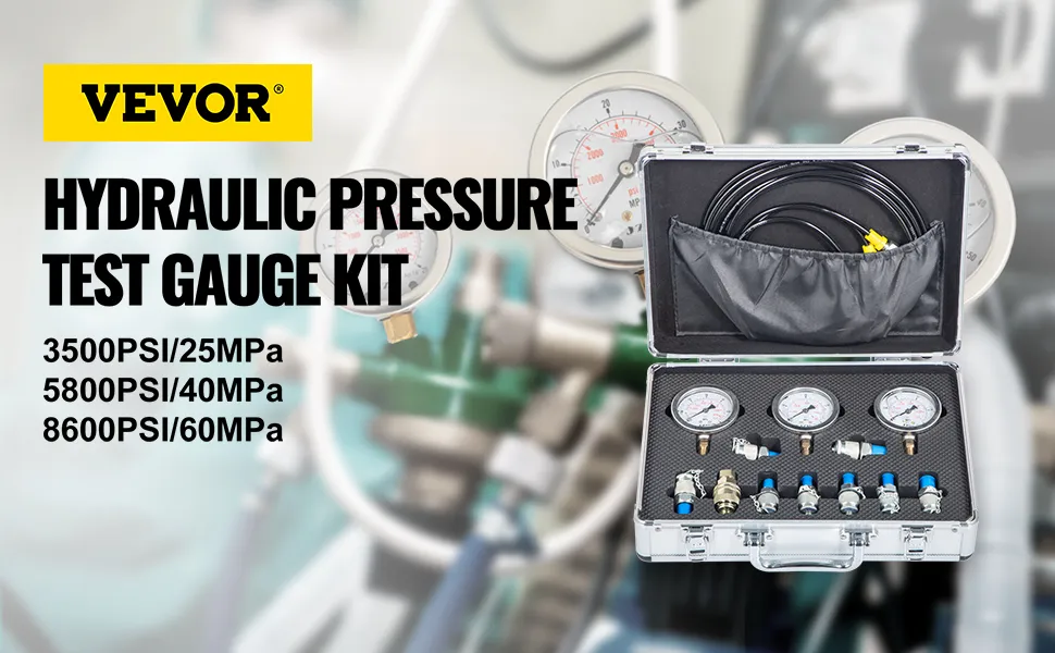 VEVOR hydraulic pressure test kit with gauges and attachments in a portable case.