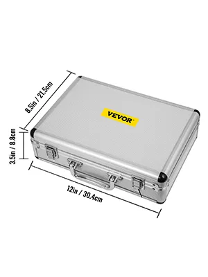 VEVOR hydraulic pressure test kit silver case with dimensions 12in x 8.5in x 3.5in.