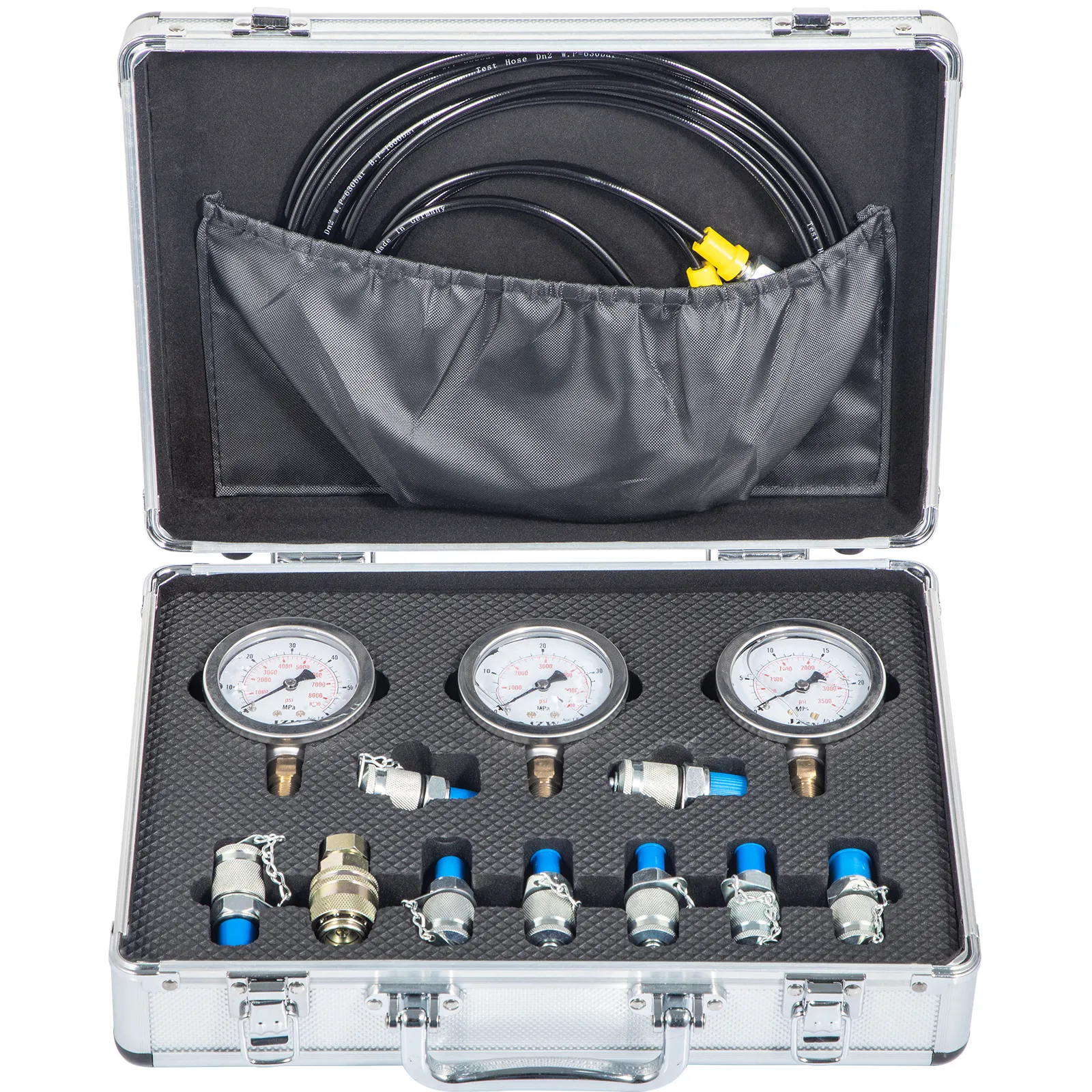 VEVOR hydraulic pressure test kit with gauges, hoses, and adapters in a carrying case.