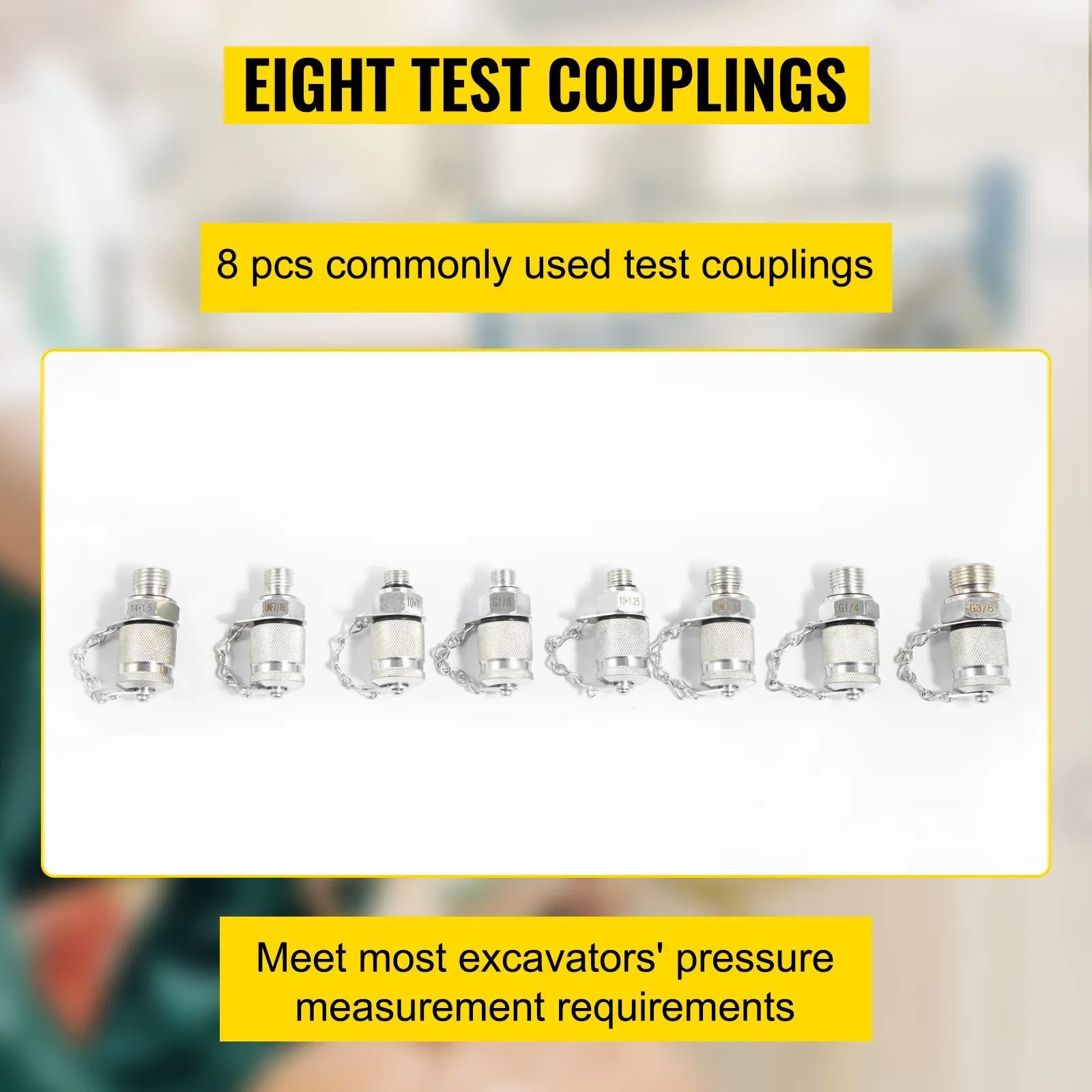 eight commonly used test couplings for VEVOR hydraulic pressure test kit.
