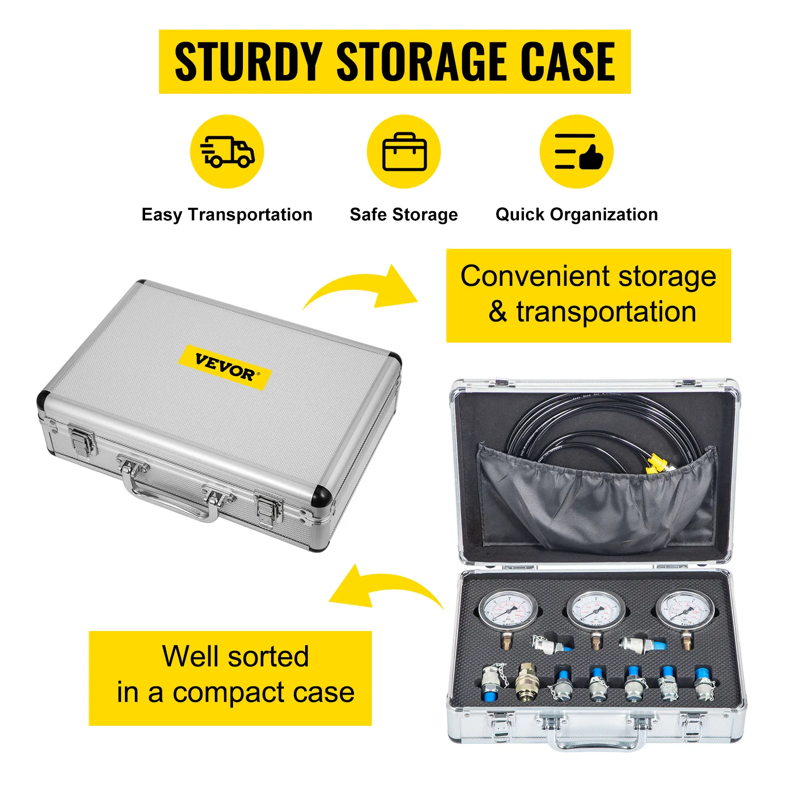 VEVOR hydraulic pressure test kit in sturdy, compact storage case for easy transport.