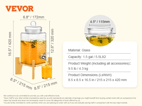 VEVOR beverage dispenser with stand, 1.5 gal capacity, material: glass, dimensions: 8.5x8.5x16.5 in.