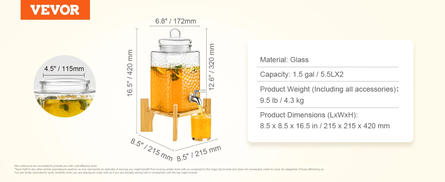 VEVOR beverage dispenser with stand, 1.5 gal capacity, material: glass, dimensions: 8.5x8.5x16.5 in.