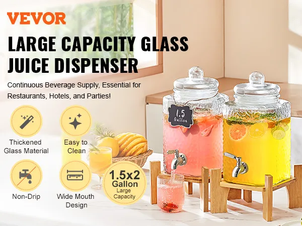 VEVOR beverage dispenser: large capacity glass containers, ideal for continuous juice supply in restaurants, hotels, and parties.